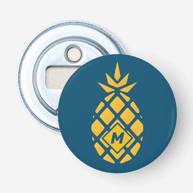 Trendy Geometric Pineapple Blue Monogram Bottle Opener (Front)