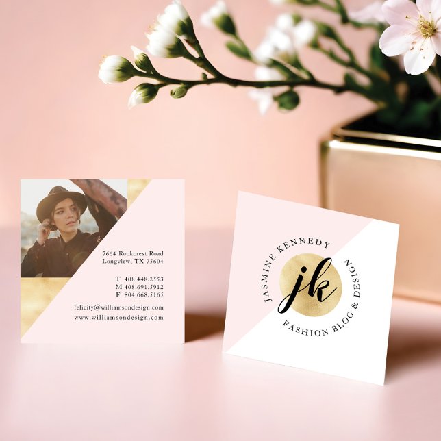 Trendy Geometric Pink & Gold Monogram With Photo Square Business Card (Trendy Geometric Pink & Gold Monogram With Photo Square Business Card)