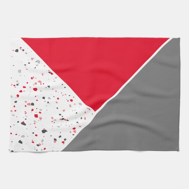 Trendy Geometric Red and Grey Terrazzo Tea Towel (Horizontal)