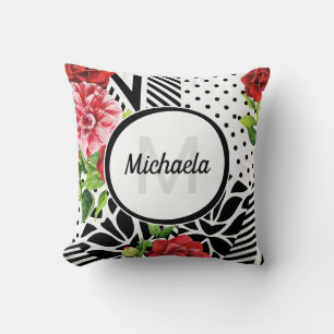 Trendy Geometric Stripe Pattern Red Foral Monogram Cushion
