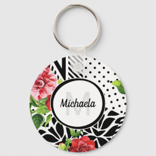 Trendy Geometric Stripe Pattern Red Foral Monogram Key Ring