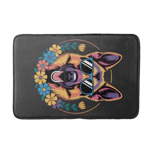 Trendy German Shepherd in Floral Style Bath Mat (Front)