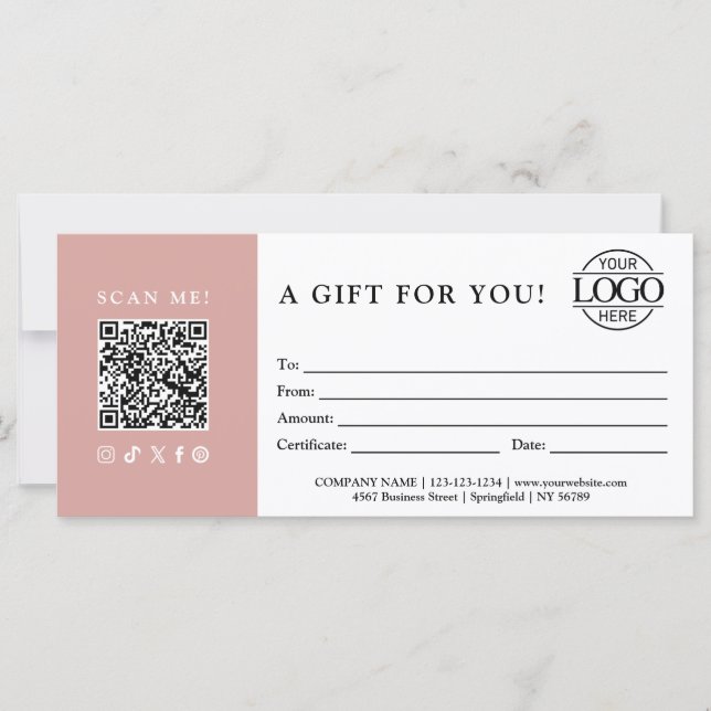 Trendy Gift Certificate | Business Logo & QR Code (Front)