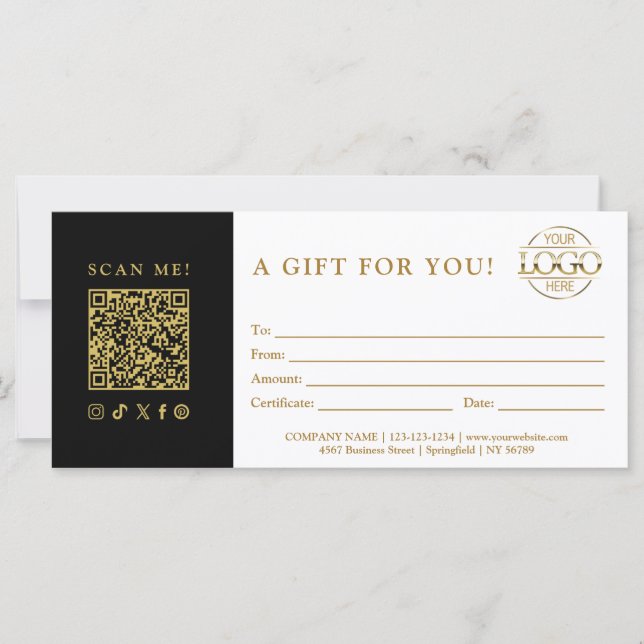 Trendy Gift Certificate | Business Logo & QR Code (Front)