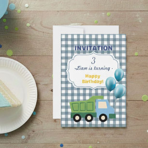 Trendy Gingham Blue Construction 3rd Birthday Invitation
