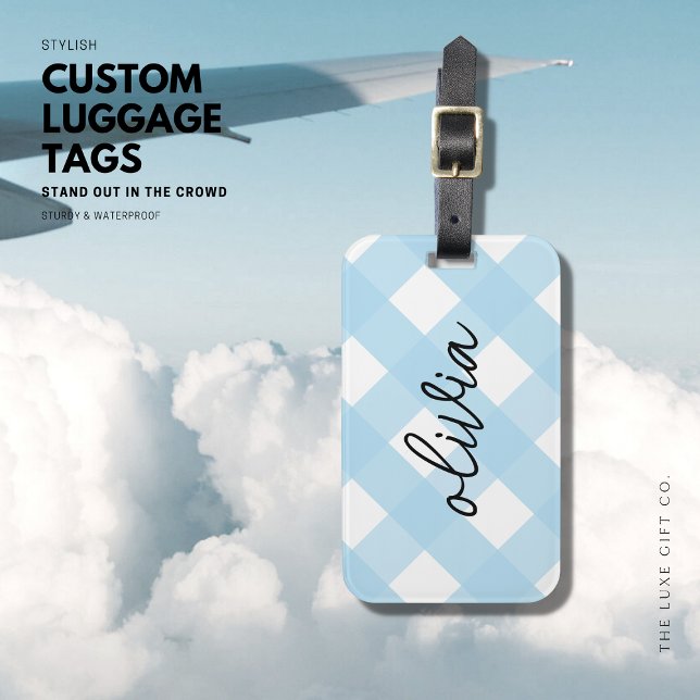 Trendy Gingham Check Blue Luggage Tag (Creator Uploaded)