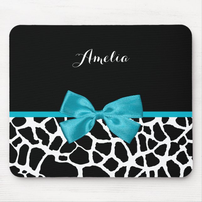 Trendy Giraffe Animal Print Turquoise Bow and Name Mouse Pad (Front)