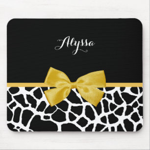 Trendy Giraffe Animal Print Yellow Bow With Name Mouse Pad