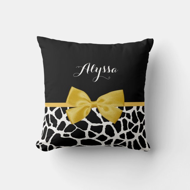 Trendy Giraffe Print Golden Yellow Bow With Name Cushion (Front)