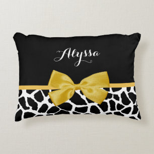 Trendy Giraffe Print Golden Yellow Bow With Name Decorative Cushion