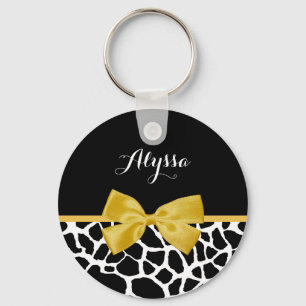 Trendy Giraffe Print Golden Yellow Bow With Name Key Ring