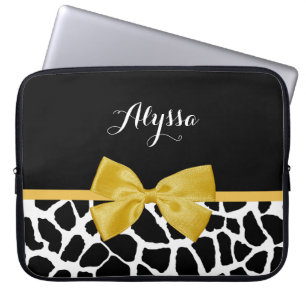 Trendy Giraffe Print Golden Yellow Bow With Name Laptop Sleeve