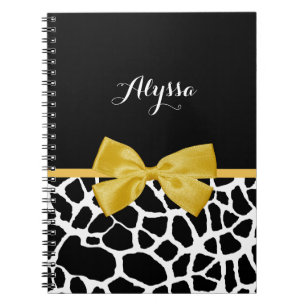 Trendy Giraffe Print Golden Yellow Bow With Name Spiral Notebook