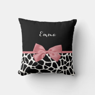 Trendy Giraffe Print Rosy Pink Bow With Name Cushion