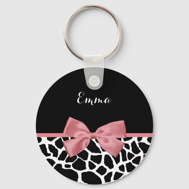 Trendy Giraffe Print Rosy Pink Bow With Name Key Ring (Front)