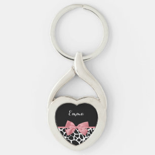 Trendy Giraffe Print Rosy Pink Bow With Name Key Ring