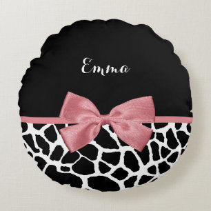 Trendy Giraffe Print Rosy Pink Bow With Name Round Cushion