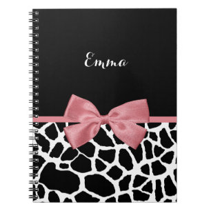 Trendy Giraffe Print Rosy Pink Bow With Name Spiral Notebook