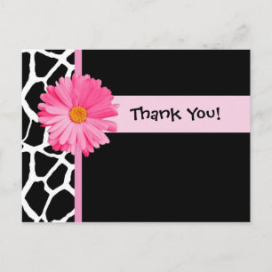 Trendy Giraffe Print Thank You With Pink Daisy Postcard