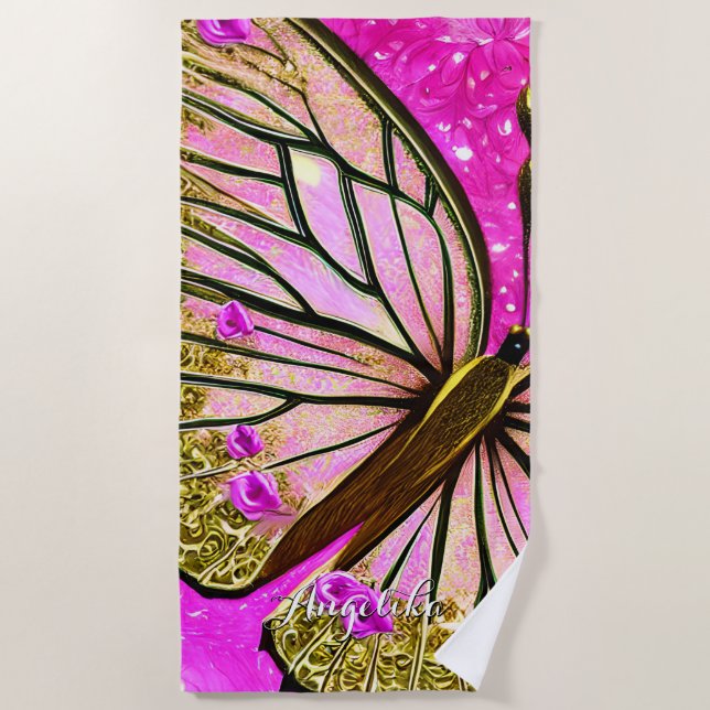 Trendy Girl Pink and Gold Butterfly Custom Name Beach Towel (Front)