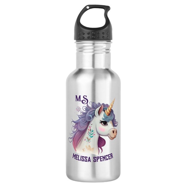 Trendy Girls' Cute Elegant Purple Magical Unicorn  532 Ml Water Bottle (Front)