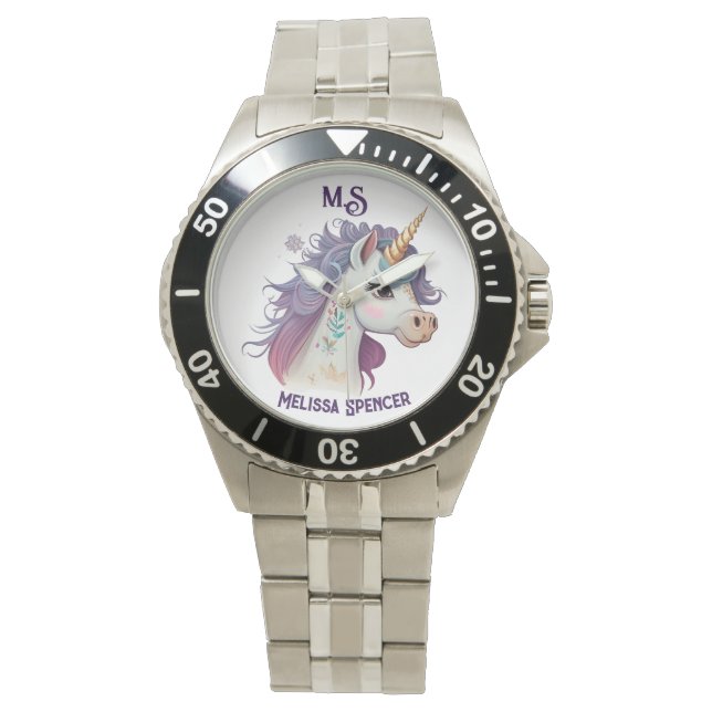 Trendy Girls' Elegant Purple Magical Unicorn Name Watch (Front)