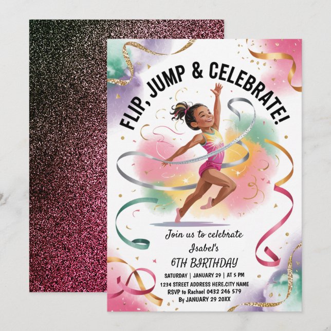 Trendy Girls Gymnast Gymnastics Birthday Party     Invitation (Front/Back)