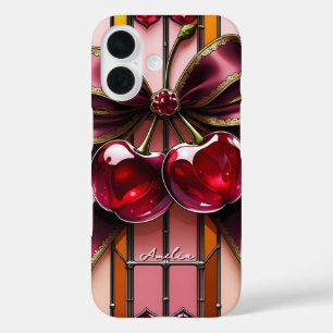 Trendy & Girly Bow Stained Glass Cherry iPhone 16 Case