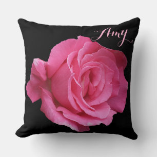 Trendy girly floral pink rose cute name Amy black Cushion