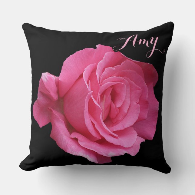 Trendy girly floral pink rose cute name Amy black  Cushion (Front)