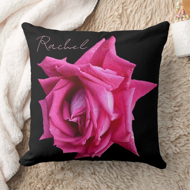 Trendy girly Floral pink rose name Rachel black  Cushion (Blanket)
