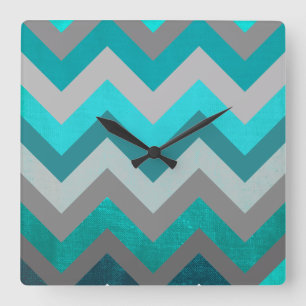 Trendy Girly Grey Teal Chevron Zigzag Pattern Square Wall Clock