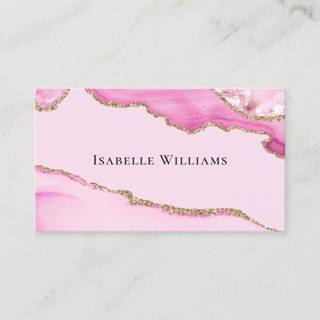 Trendy Girly Pink Agate Marble Glitter Business Card (Front)