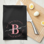Trendy Girly Pink Black Name Monogram Script Tea Towel<br><div class="desc">Girly, trendy, elegant, modern, pink and black white monogram initial name script custom personalised monogrammed kitchen towel. Featuring a monogram initial and a girly name script in a hand lettered calligraphy swash tail font and dotted circle frame around your monogram. Perfect feminine gift for sister, mother, girlfriend, birthday, wedding, bridal...</div>