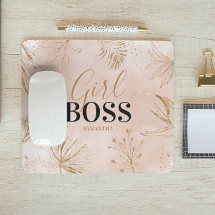 Trendy Girly Pink & Gold Girl Boss Name Mouse Pad