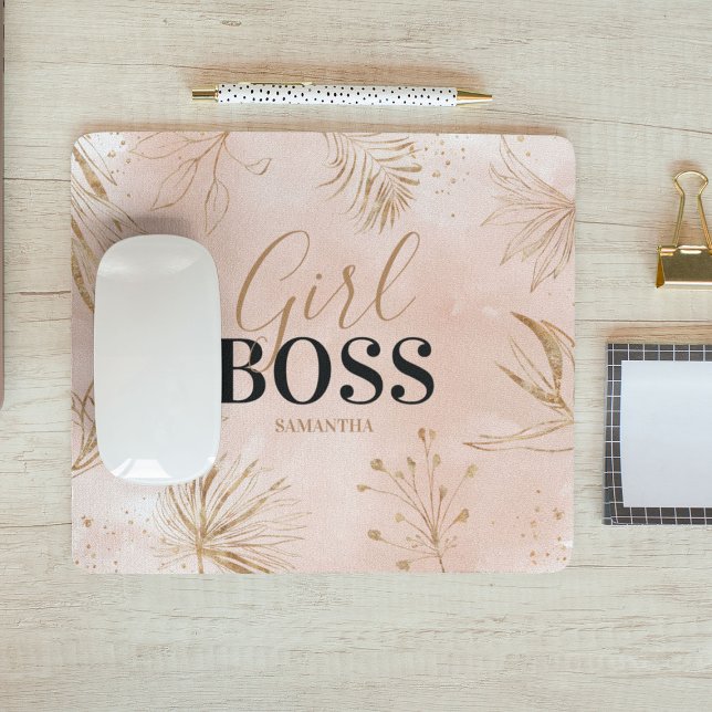 Trendy Girly Pink & Gold Girl Boss Name Mouse Pad (Creator Uploaded)