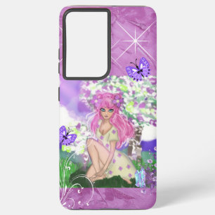 Trendy Girly Pink Hair Girl Fairy Sitting S21 Ultr Samsung Galaxy Case