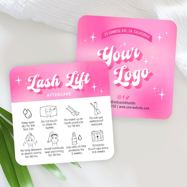 Trendy Girly Pink Lash Lift & Tint Aftercare Cards (Trendy lash lift & tint care cards with icons, featuring girly pink design, care icons & retro fonts)