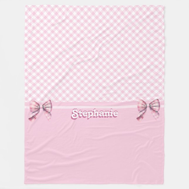 Trendy Girly Pink Plaid Chequerboard Pattern & Bow Fleece Blanket (Front)
