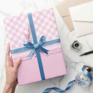 Trendy Girly Pink Plaid Chequerboard Pattern & Bow Wrapping Paper