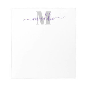 Trendy Girly Script Monogram, Purple and Grey Notepad