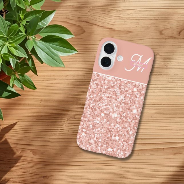 trendy girly Soft Blush Sparkle Monogram name Case-Mate iPhone Case (Creator Uploaded)