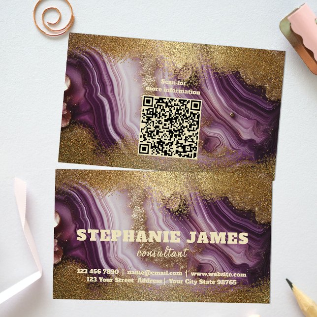 Trendy Glam Chic Purple Agate Marble Gold Glitter Business Card (Creator Uploaded)