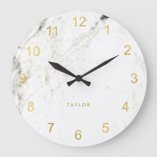 Trendy Glam Faux Gold Look and White Marble Large Clock