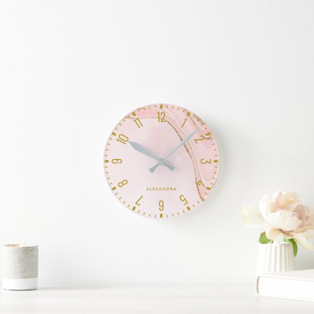 Trendy Glam Faux Rose Gold Look Marble Round Clock (Home)