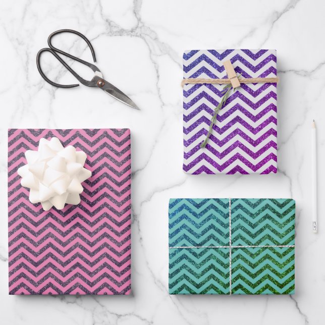 Trendy Glitter Chevron Pattern Trio Wrapping Paper Sheet (Front)