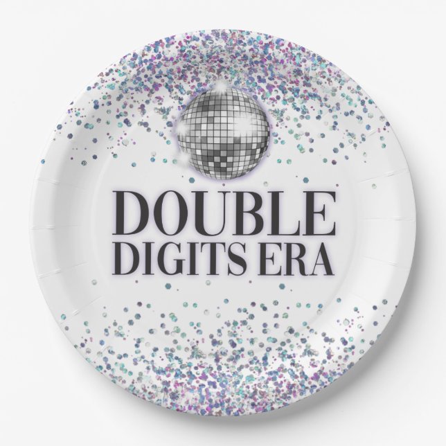 Trendy Glitter Disco Double Digits Era Birthday Paper Plate (Front)