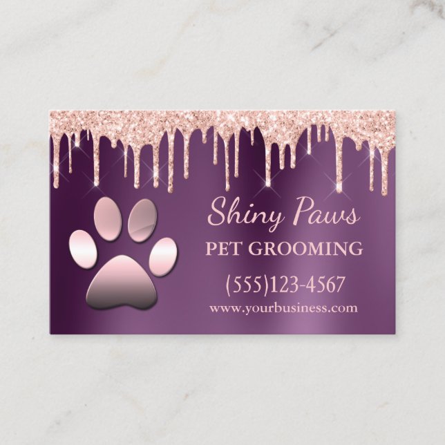 Trendy Glitter Drips Dog Paw Pet Grooming Service Business Card (Front)