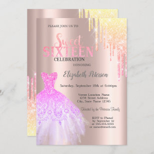Trendy Glitter Drips,Dress Rose Gold Sweet 16 Invitation