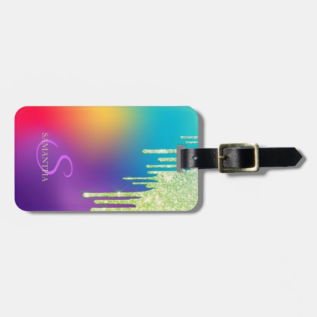 Trendy Glitter Drips Ombre Holographic  Luggage Tag (Front Horizontal)